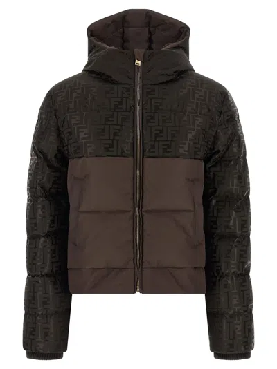 Fendi Down Jacket With Ff Jacquard Insert In Brown