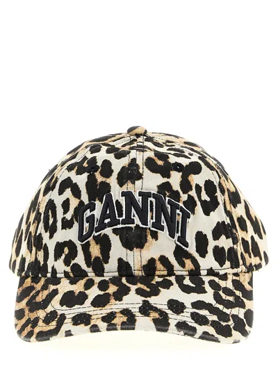 Ganni Logo-embroidered Leopard-print Canvas Cap In Animal Print