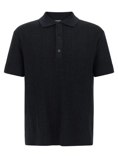 Balmain Textured Black Knitted Polo With Classic Collar In Blue