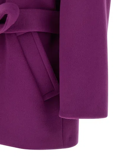 Saint Laurent Wool Coat With Belted Waist And High Collar In Purple