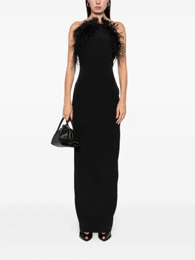 Attico Long Dress Cady Ostrich Feathers Detail In Brown