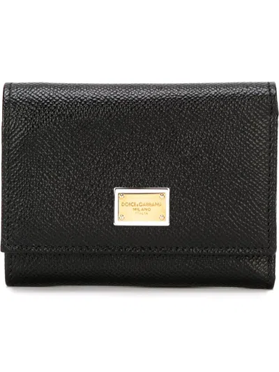 Dolce & Gabbana Black Dauphine Leather Wallet With Logo Plaque In Black