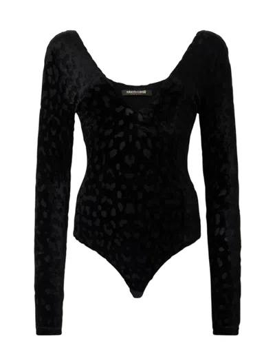 Roberto Cavalli Black Bodysuit With Jaguar Skin Pattern In Black