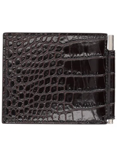 Tom Ford Crocodile Embossed Bi-fold Wallet Clip In Brown