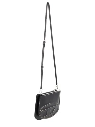 Diesel Twin-double-pouch Embossed-leather Shoulder Bag In Black