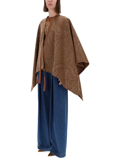 Etro Leather-trimmed Paisley-print Wool-blend Poncho In Brown
