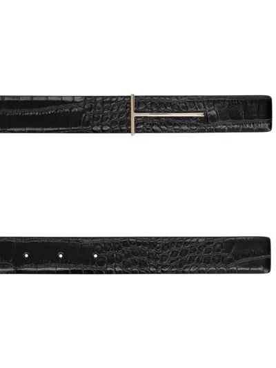 Tom Ford T-buckle Reversible Belt In Croc-embossed Leather In Black