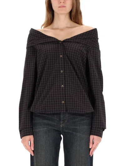 Our Legacy Off-the-shoulder Black Shirt With Subtle Grid Pattern In Black