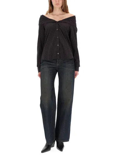 Our Legacy Off-the-shoulder Black Shirt With Subtle Grid Pattern In Black