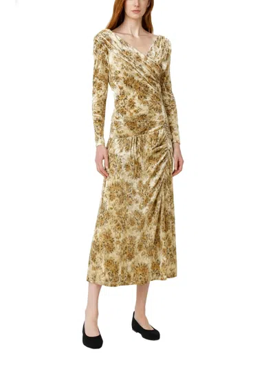 Ganni Printed Velour Jersey Ruched Long Dress In White