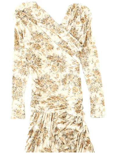 Ganni Printed Velour Jersey Ruched Long Dress In White
