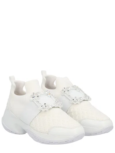 Roger Vivier Viv' Run White Trainers In Technical Fabric With Rhinestone Buckle In Bianco