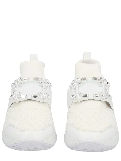 Roger Vivier Viv' Run White Trainers In Technical Fabric With Rhinestone Buckle In Bianco