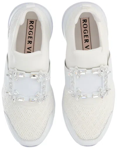 Roger Vivier Viv' Run White Trainers In Technical Fabric With Rhinestone Buckle In Bianco