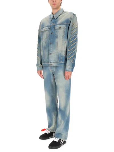 Off-white Diagonal Raw Patch Denim Jacket In Blue