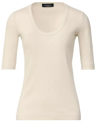 Fabiana Filippi Ribbed Cotton Jersey U Neck T-shirt Filo Diamante Detail In White