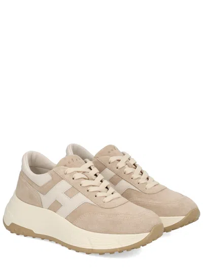 Hogan Panelled Design Leather Sneakers With Ridged Sole In Neutral
