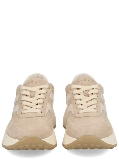 Hogan Panelled Design Leather Sneakers With Ridged Sole In Neutral