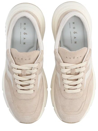 Hogan Panelled Design Leather Sneakers With Ridged Sole In Neutral