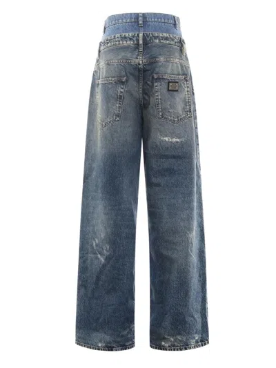 Dolce & Gabbana Women Blue Jeans With Layered Design And Distressed And Ripped Effect In Denim Woman In Blue