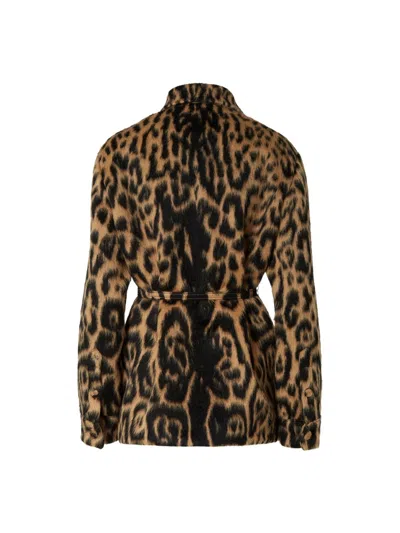 Fendi Women Multicolor Coat With Ff Buckled Belt On The Front And All-over Leopard Motif In Wool Ble In Animal Print