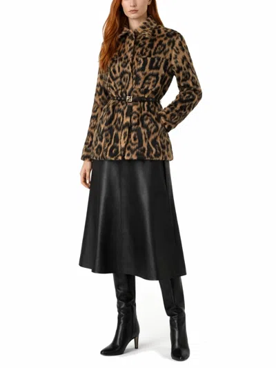 Fendi Women Multicolor Coat With Ff Buckled Belt On The Front And All-over Leopard Motif In Wool Ble In Animal Print