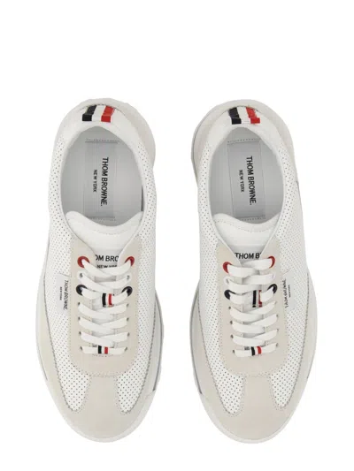 Thom Browne Perforated Leather Sneakers With Suede Overlays And Transparent Sole In Multi