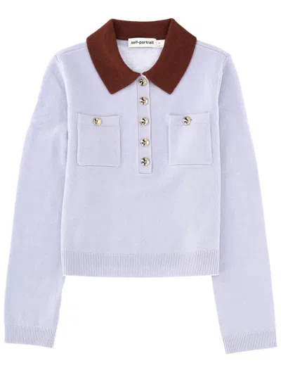 Self-portrait Knit Top Contrasting Collar Front Pockets In White