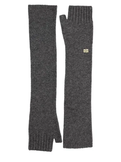 Ganni Fingerless Embellished Gloves In Gray