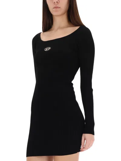 Diesel Women Black U Neck Dress With D-logo In Ribbed Fabric Woman In Black