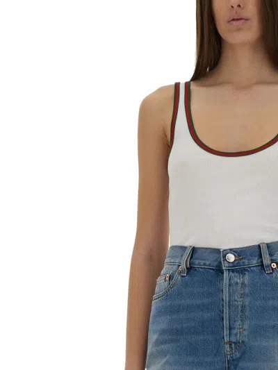 Gucci Ribbed Cotton Tank Top With Web In White