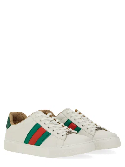 Gucci Ace Leather Sneakers With Lateral Web Band In White
