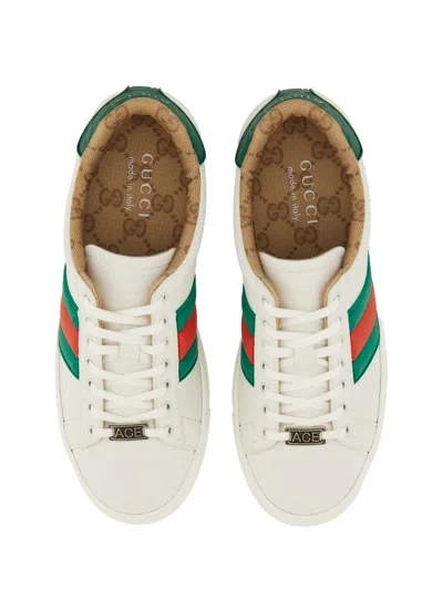 Gucci Ace Leather Sneakers With Lateral Web Band In White