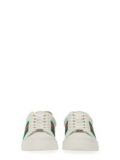 Gucci Ace Leather Sneakers With Lateral Web Band In White
