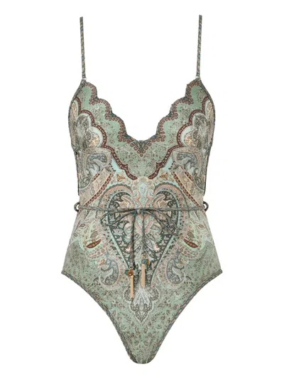 Zimmermann Wanderlust Belted Embellished Scalloped Printed Swimsuit In Green