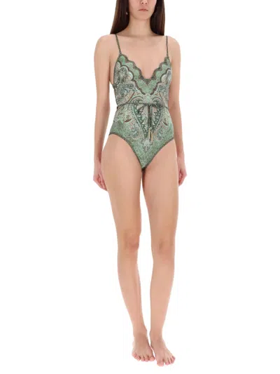 Zimmermann Wanderlust Belted Embellished Scalloped Printed Swimsuit In Green