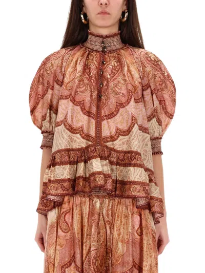 Zimmermann Tapestry-print Burgundy Silk Habotai Wanderlust Blouse In Red