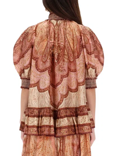 Zimmermann Tapestry-print Burgundy Silk Habotai Wanderlust Blouse In Red