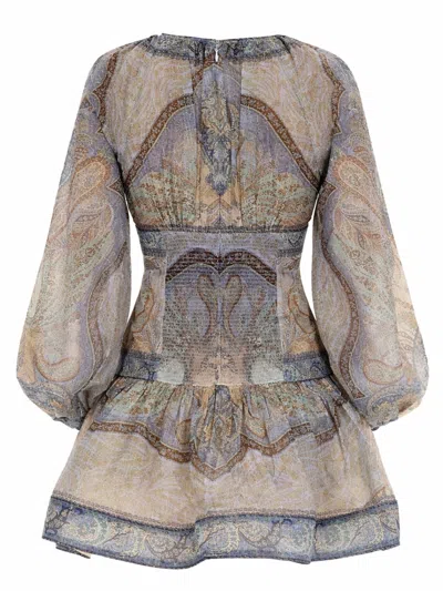 Zimmermann Wanderlust Multicolor Crewneck Mini Dress With Puffed Long Sleeves And All-over Print In Cotton And  In Multi