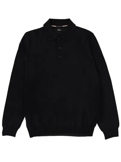 Hugo Boss Polo Collar Knit Sweater With Ribbed Cuffs In Black
