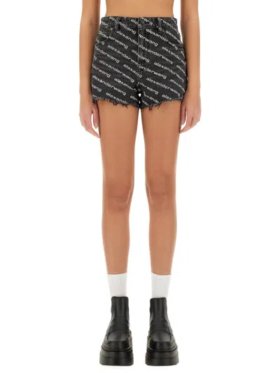 Alexander Wang Omens Grey Aged White Logo-print Bite Denim Shorts In Black