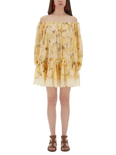 Zimmermann Cascadian Off-the-shoulder Lace-trimmed Printed Cotton-voile Mini Dress In Yellow
