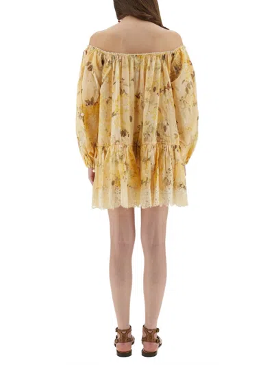 Zimmermann Cascadian Off-the-shoulder Lace-trimmed Printed Cotton-voile Mini Dress In Yellow