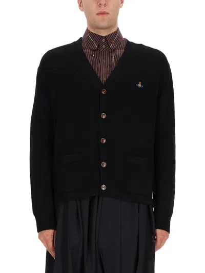 Vivienne Westwood Black V Neck Cardigan With Orb Embroidery In Cotton And Cashmere