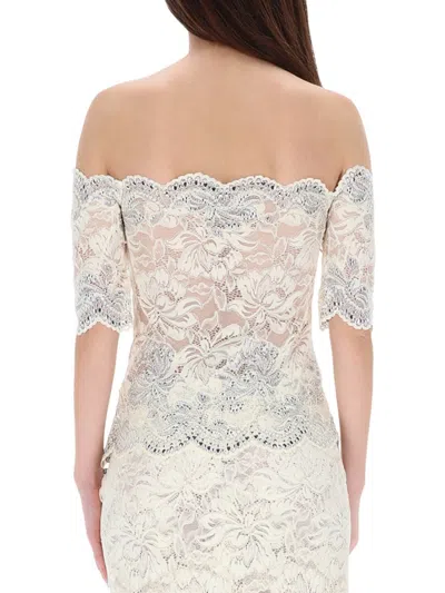 Rabanne Off-white Stretch Lace Short Sleeve Top In White