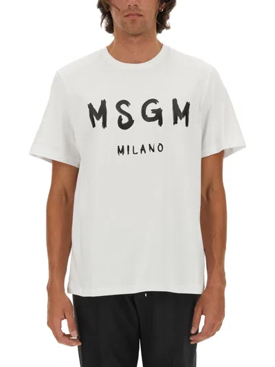 Msgm Cotton T-shirt With Front Printed Logo In White