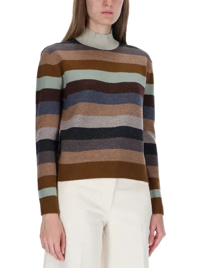 Tory Burch Striped High Neck Sweater With Ribbed Details In Multi