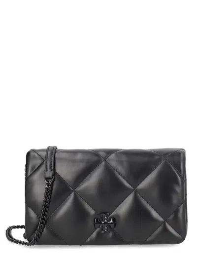 Tory Burch Kira Diamond Quilt Powder Coated Chain Wallet In Black