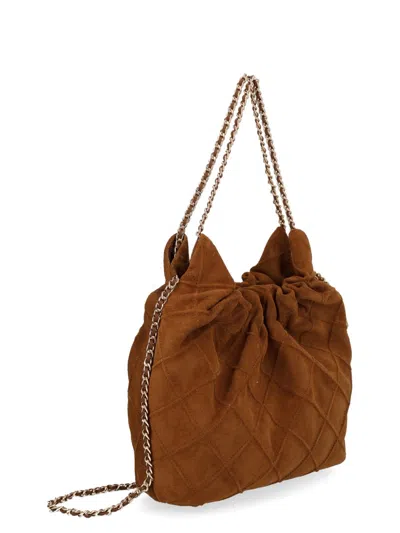 Tory Burch Fleming Mini Brown Shoulder Bag With Chain Strap And Metallic Pendant With Logo In Suede Woman In Brown
