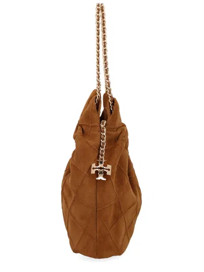 Tory Burch Fleming Mini Brown Shoulder Bag With Chain Strap And Metallic Pendant With Logo In Suede Woman In Brown